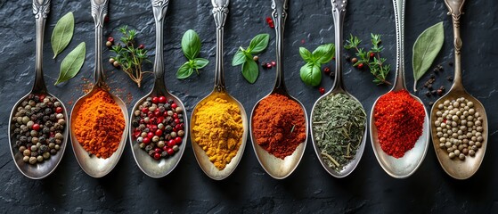 Colorful spices and herbs arranged in spoons, overhead view, dark rustic background