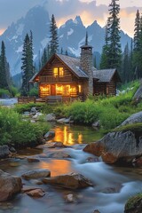 Fototapeta premium Cozy cabin by a serene river, lush green meadow, tall pine trees, tranquil mountain scenery