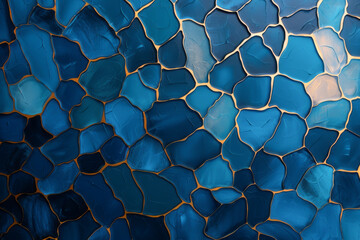 Fototapeta premium A stunning mosaic of blue tiles interspersed with golden edges, creating a mesmerizing abstract pattern for artistic use.