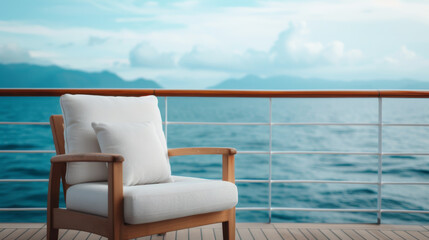 Fototapeta premium A stylish chair on a scenic deck overlooking serene ocean waters, perfect for relaxation and tranquil moments.