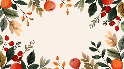 A vibrant botanical frame featuring colorful fruits and leaves, perfect for seasonal designs and invitations.