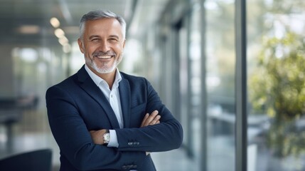 Fototapeta premium portrait of successful senior businessman consultant looking at camera and smiling inside modern office building