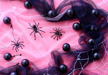 Halloween Spiders and Black Balls on Pink Background