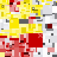 A geometric pattern consisting of yellow, red, gray and white squares. Seamless pattern 