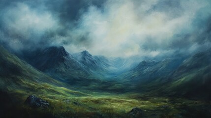 Moody Rainy Mountain Landscape in Oil Painting with Low-Hanging Clouds