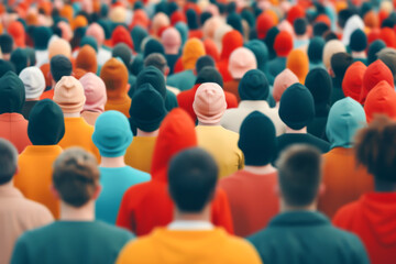 Obraz premium Diverse crowd of individuals wearing colorful hoodies and beanies, showcasing unity and vibrant energy in urban settings.