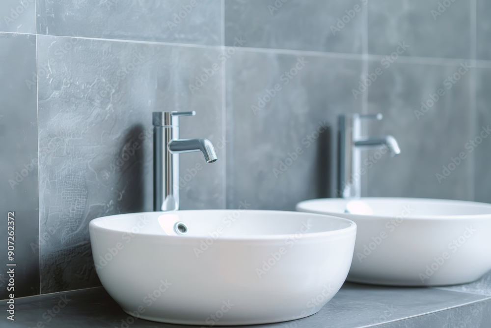 Wall mural Modern bathroom with elegant white sinks and silver faucets against a stylish gray tiled wall.