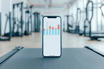 Smartphone displaying fitness statistics on a treadmill in a modern gym, showcasing health and technology integration.