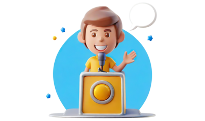 A cartoon boy is standing in front of a microphone and smiling