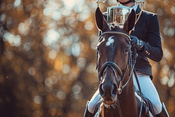 A woman is riding a horse with a trophy on its head. The horse is brown and white, and the woman is wearing a black jacket and white pants. Concept of accomplishment and pride, as the woman