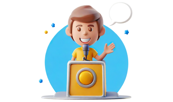 A cartoon boy is standing in front of a microphone and smiling