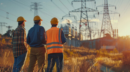 Three engineers in protective gear inspecting an electrical power plant at sunset, emphasizing teamwork and infrastructure.