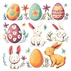 Colorful collection with easter rabbit and easter eggs.