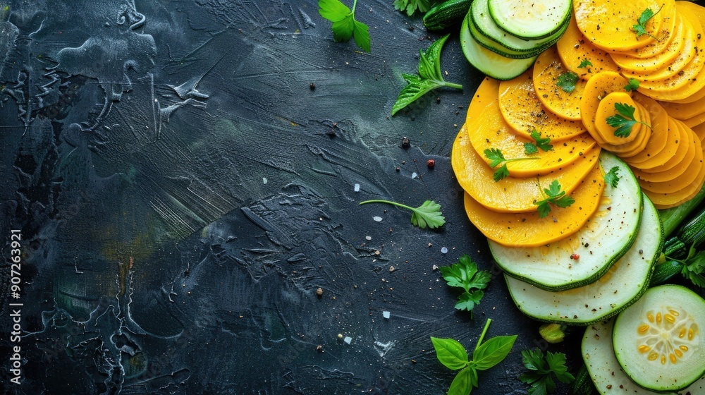 Sticker sliced squash and zucchini on dark background organic vegetarian food with text space