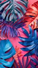 Fototapeta premium Creative fluorescent color layout made of tropical leaves