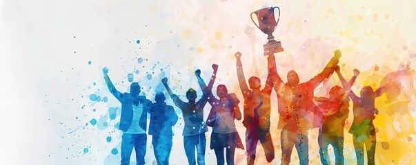 A group of people are celebrating with a trophy. The people are in different colors and are holding the trophy