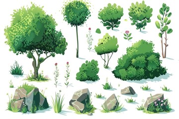 Fototapeta premium A serene forest scene featuring various types of trees and shrubs