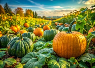 Vibrant green pumpkin patch background with lush vines and leaves, ideal for autumnal-themed wallpapers, desktops, and home decor designs, evoking warmth and festive atmosphere.