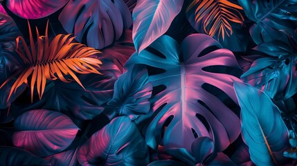 Creative fluorescent color layout made of tropical leaves