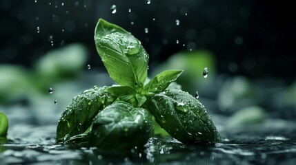 Green Basil Leaves Under the Rain