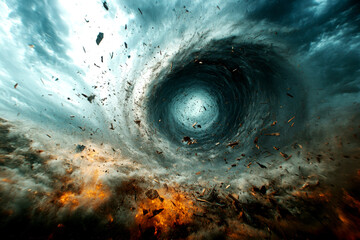 A dramatic swirl of clouds and debris captures the chaotic energy of a storm, evoking feelings of awe and intensity.