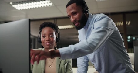 Computer, advice or black people in call center for support in telemarketing or customer services online. Help, task training or leader teaching sales agent for learning new job skills or instruction