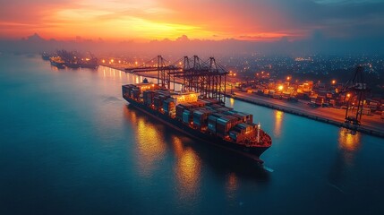 Obraz premium Container Ship Leaving Port at Sunset