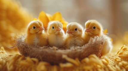 Obraz premium Cute chicks hatching on isolated orange color background