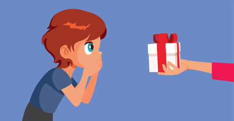 Surprised Boy Receiving a Gift Vector Cartoon illustration. Funny kid reacting to an unexpected present for good behavior 
