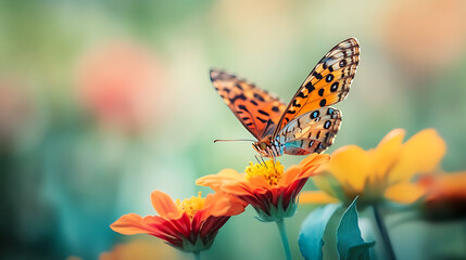 Obraz premium A close-up of a butterfly resting on a bright flower in a summer garden 