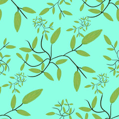Pattern of green leaf branches forming spirals on turquoise background