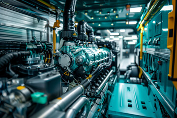 Fototapeta premium Detailed view of a hydrogen fuel engine inside a sustainable transport truck