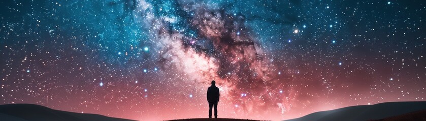 Fototapeta premium A lone figure gazes at the dazzling Milky Way, surrounded by stars, evoking feelings of wonder and the vastness of the universe.