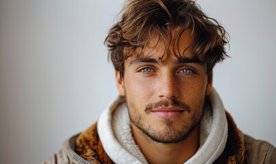 Obraz premium A guy takes a selfie against a plain white background, focusing on capturing a simple yet personal moment.