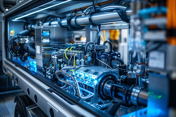 Obraz premium Detailed view of a hydrogen fuel engine inside a sustainable transport truck