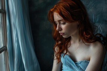 Fototapeta premium A woman with striking red hair sits in front of an open window, lost in thought