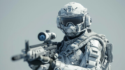Fototapeta premium Futuristic soldier in advanced combat gear with a rifle in grey background