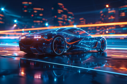 Futuristic electric car with holographic wireframe digital technology background