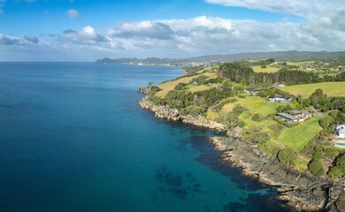 The ocean coastline of Bream Bay in the town of Waipu, Northland, New Zealand.