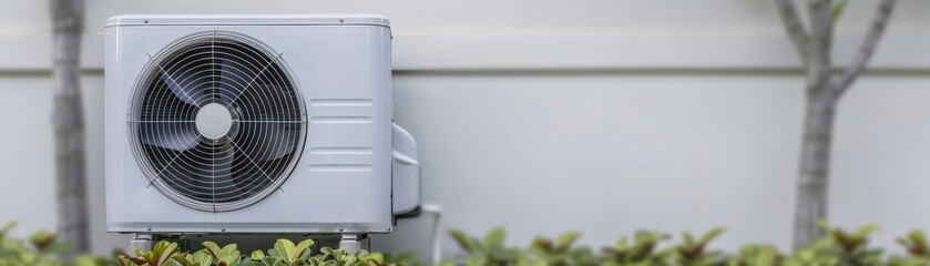 A modern air conditioning unit installed outside, surrounded by lush greenery, showcasing efficiency and outdoor comfort.