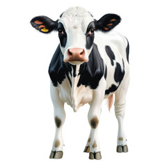 A cow with a yellow tag on its ear stands in front of a white background