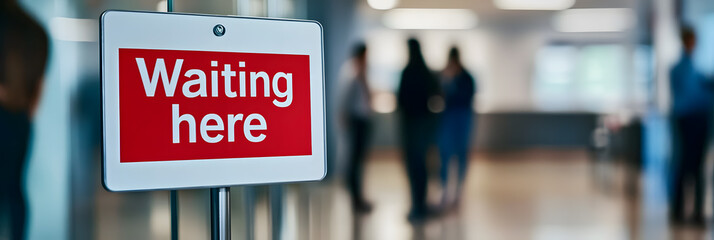 A red "Waiting here" sign is prominently displayed in a modern office setting with blurred figures in the background.