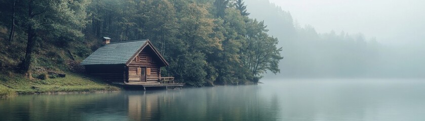 Fototapeta premium A serene cabin by a calm lake, surrounded by lush trees and enveloped in morning mist, creating a peaceful retreat atmosphere.