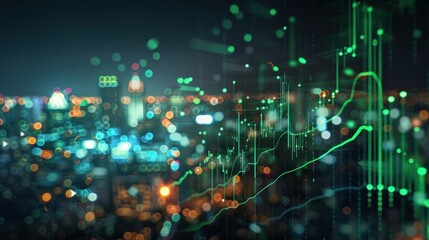 Fototapeta premium Bright, futuristic cityscape at night with digital stock market graph