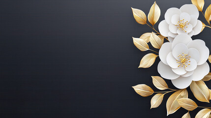 Elegant white flowers with golden leaves on black background