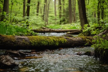Obraz premium A serene forest stream flowing over moss-covered logs, surrounded by lush greenery and vibrant vegetation in a tranquil woodland setting.