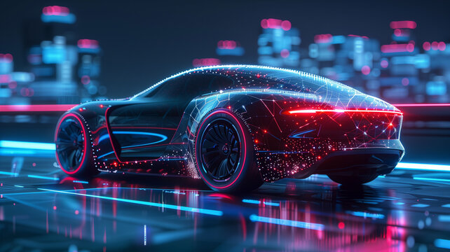 Futuristic electric car on digital technology background