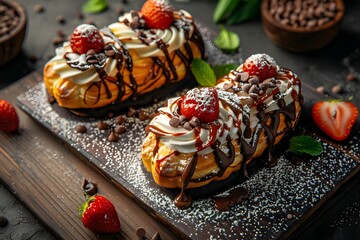 Delicious eclairs topped with chocolate, strawberries, and cream.