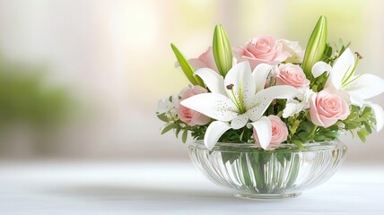 Delicate flower arrangement with lilies and roses in a glass bowl, floral, anniversary celebration