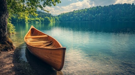 Fototapeta premium Wooden Canoe Awaits on a Tranquil Lake